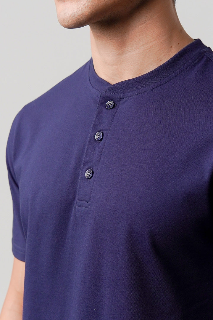 Regular Fit Henley T-Shirt - Navy Blue - Mendeez