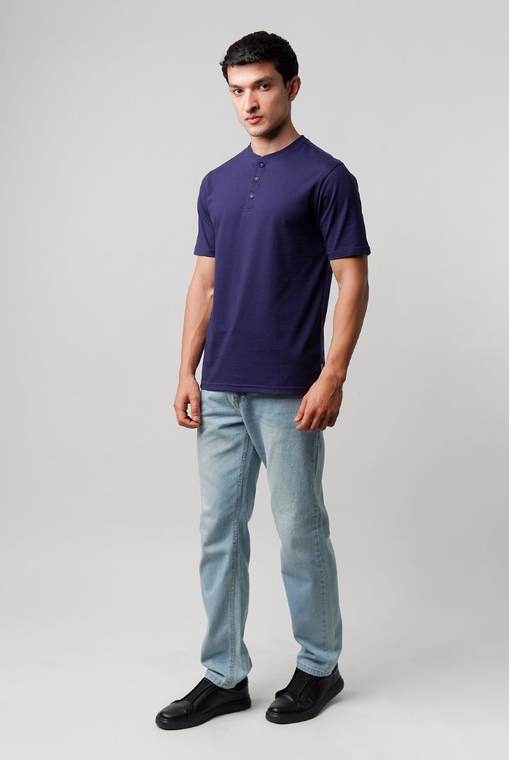 Regular Fit Henley T-Shirt - Navy Blue - Mendeez