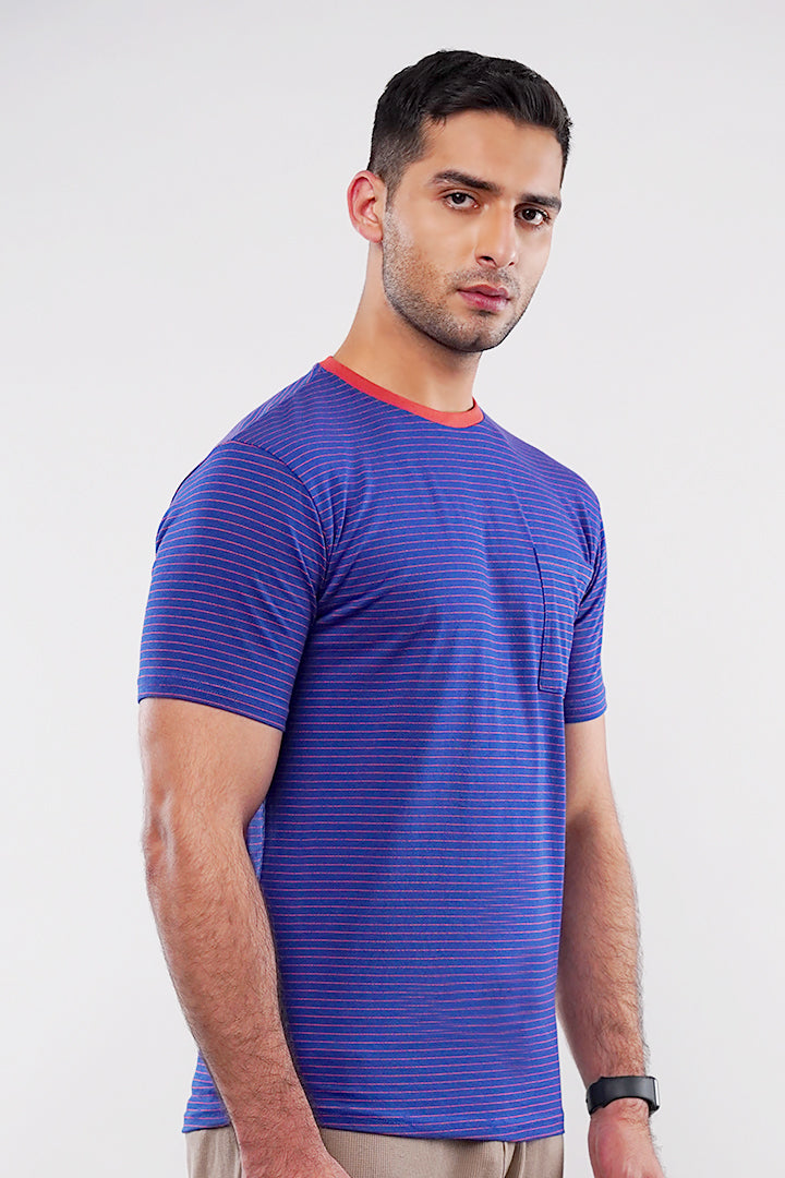 Striped Pocket T-Shirt - Blue & Orange - Mendeez