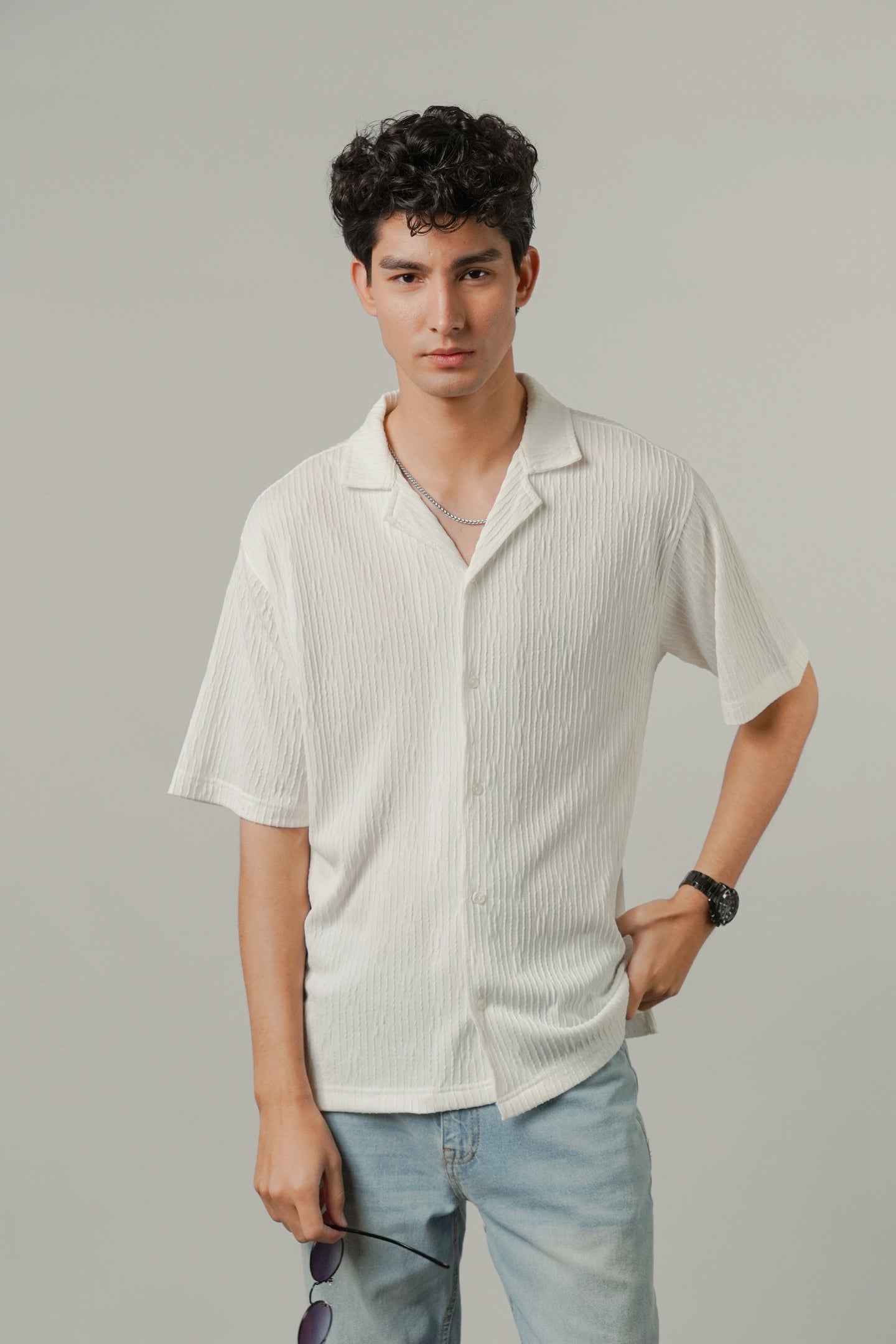 Textured Cuban Shirt - White - Mendeez