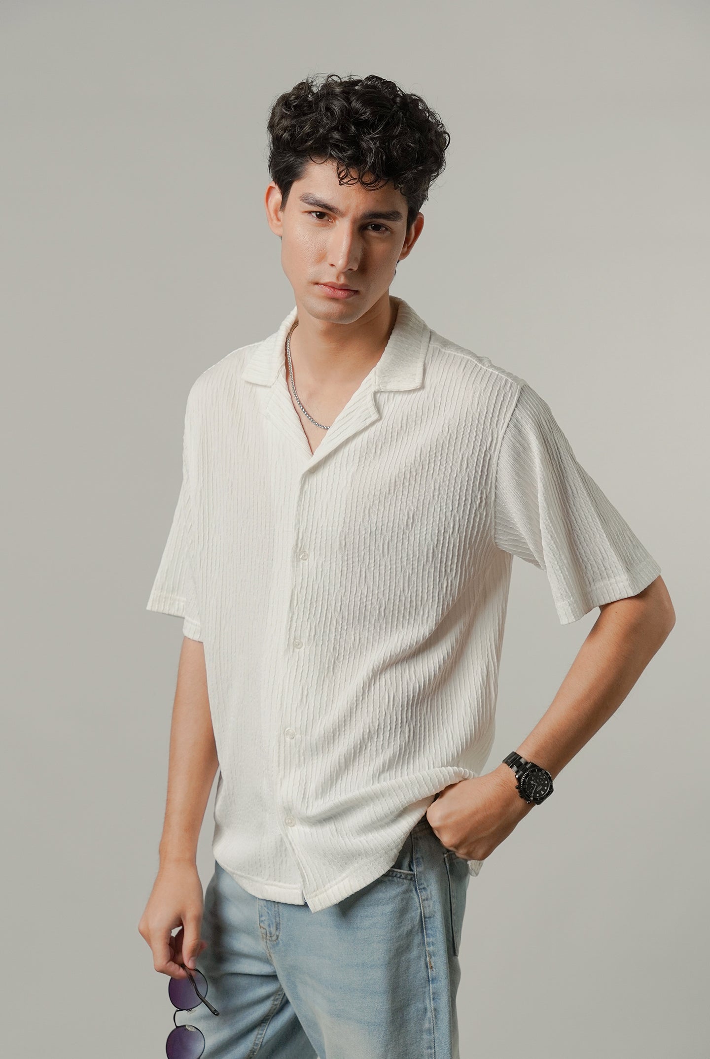 Textured Cuban Shirt - White - Mendeez