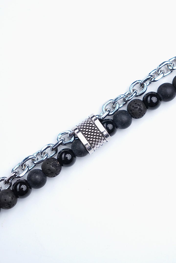 Multi-Layer Silver Chain and Textured Bead Bracelet - Mendeez