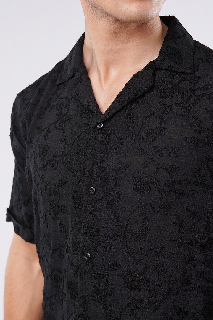 Embroidered Cuban Shirt - Black - Mendeez