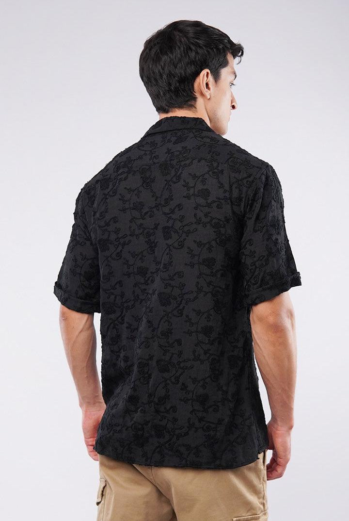 Embroidered Cuban Shirt - Black - Mendeez