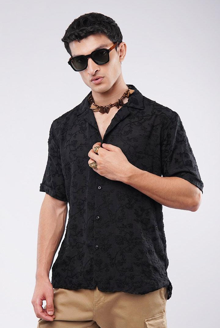 Embroidered Cuban Shirt - Black - Mendeez