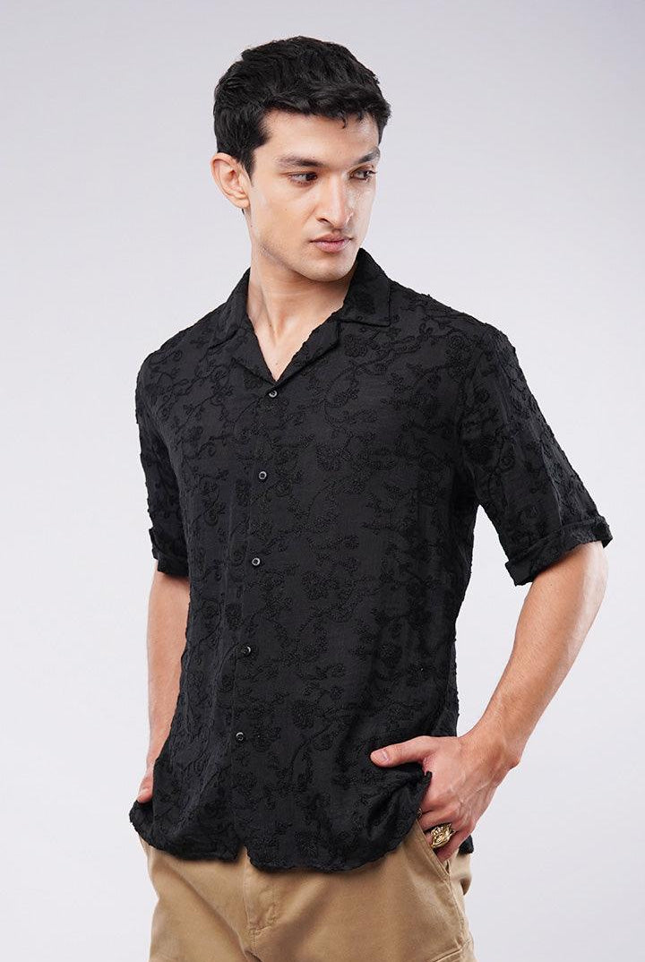 Embroidered Cuban Shirt - Black - Mendeez