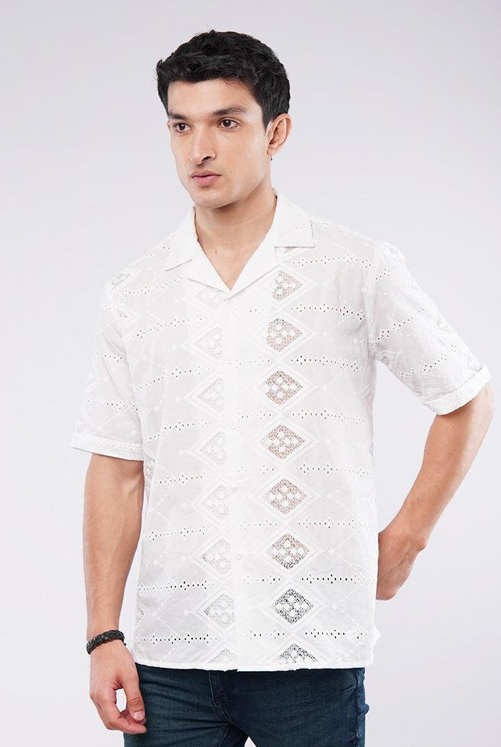 Embroidered Diamond Cuban Shirt - White - Mendeez