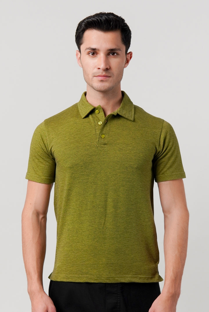 Textured Pique Polo Shirt - Moss Green - Mendeez