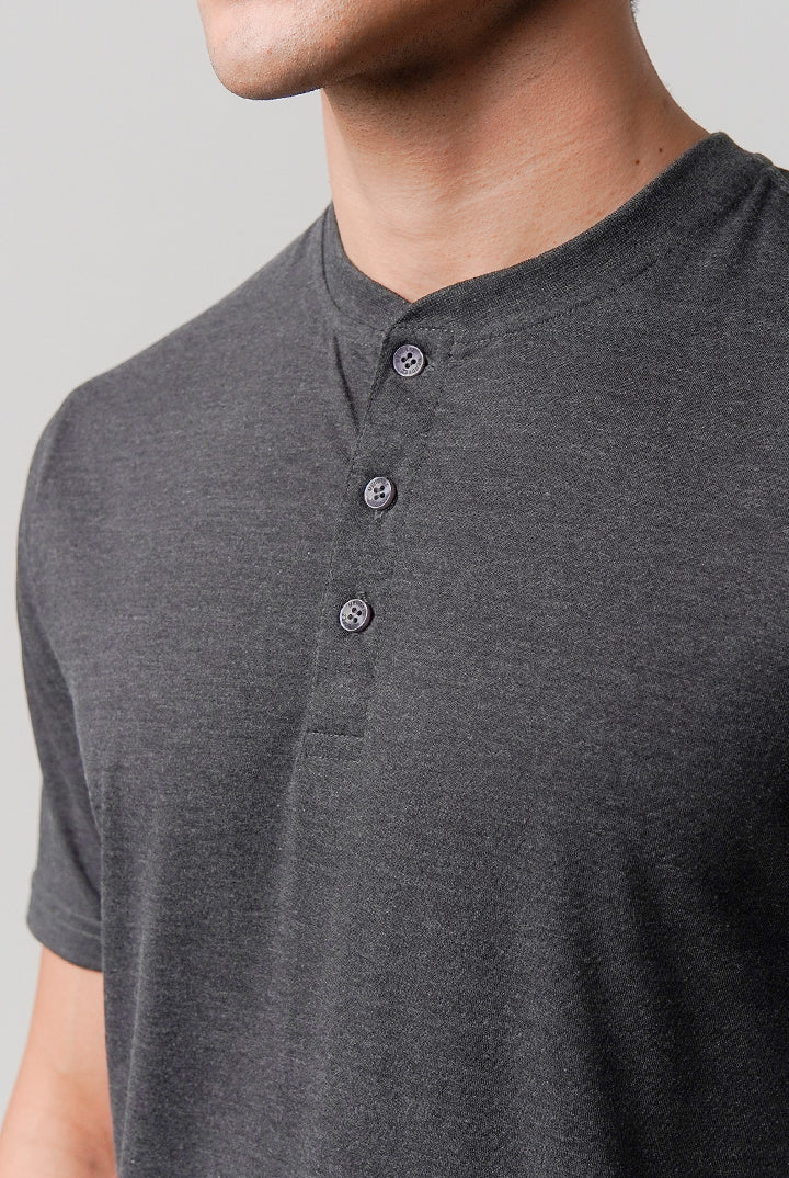 Regular Fit Henley T-Shirt - Charcoal Grey - Mendeez