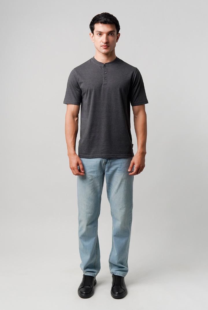 Regular Fit Henley T-Shirt - Charcoal Grey - Mendeez