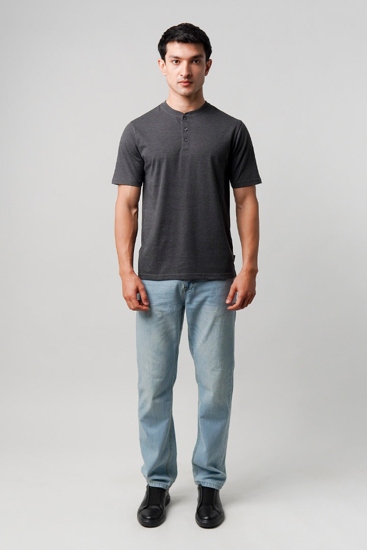 Regular Fit Henley T-Shirt - Charcoal Grey - Mendeez