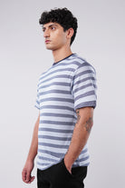 Striped Curved Hem T-Shirt - Sky Blue - Mendeez