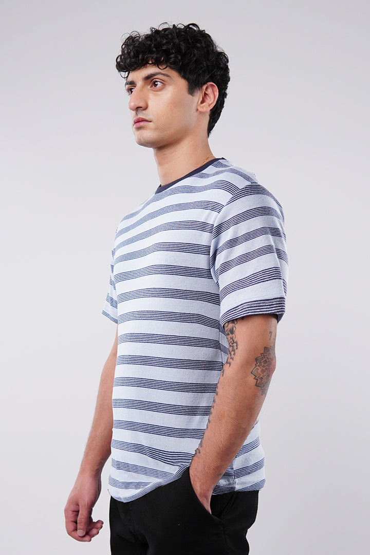 Striped Curved Hem T-Shirt - Sky Blue - Mendeez