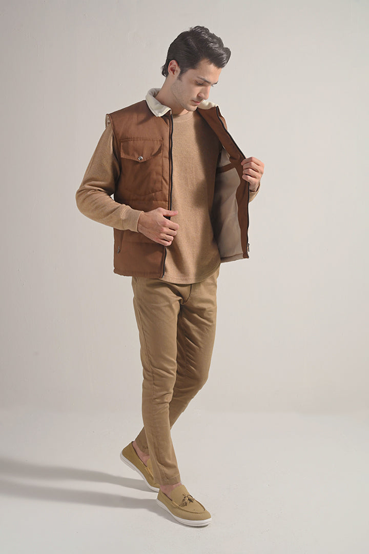 Sleeveless Cotton Jacket - Brown - Mendeez