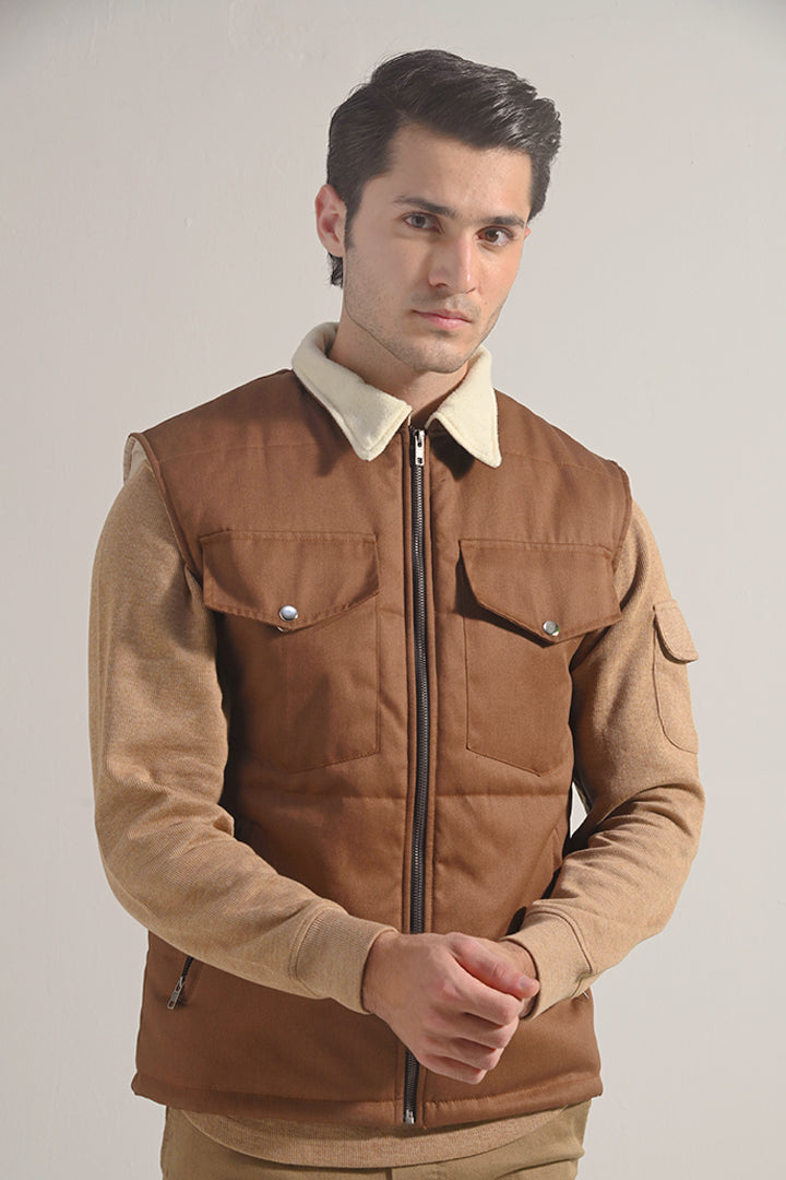 Sleeveless Cotton Jacket - Brown - Mendeez