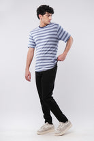 Striped Curved Hem T-Shirt - Sky Blue - Mendeez