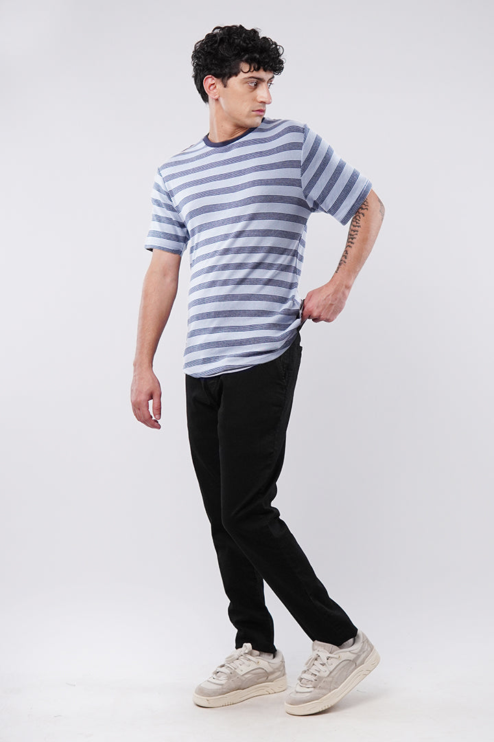 Striped Curved Hem T-Shirt - Sky Blue - Mendeez