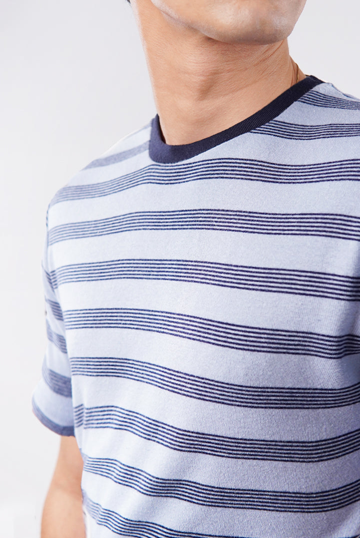 Striped Curved Hem T-Shirt - Sky Blue - Mendeez