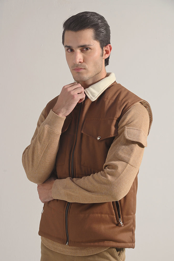 Sleeveless Cotton Jacket - Brown - Mendeez