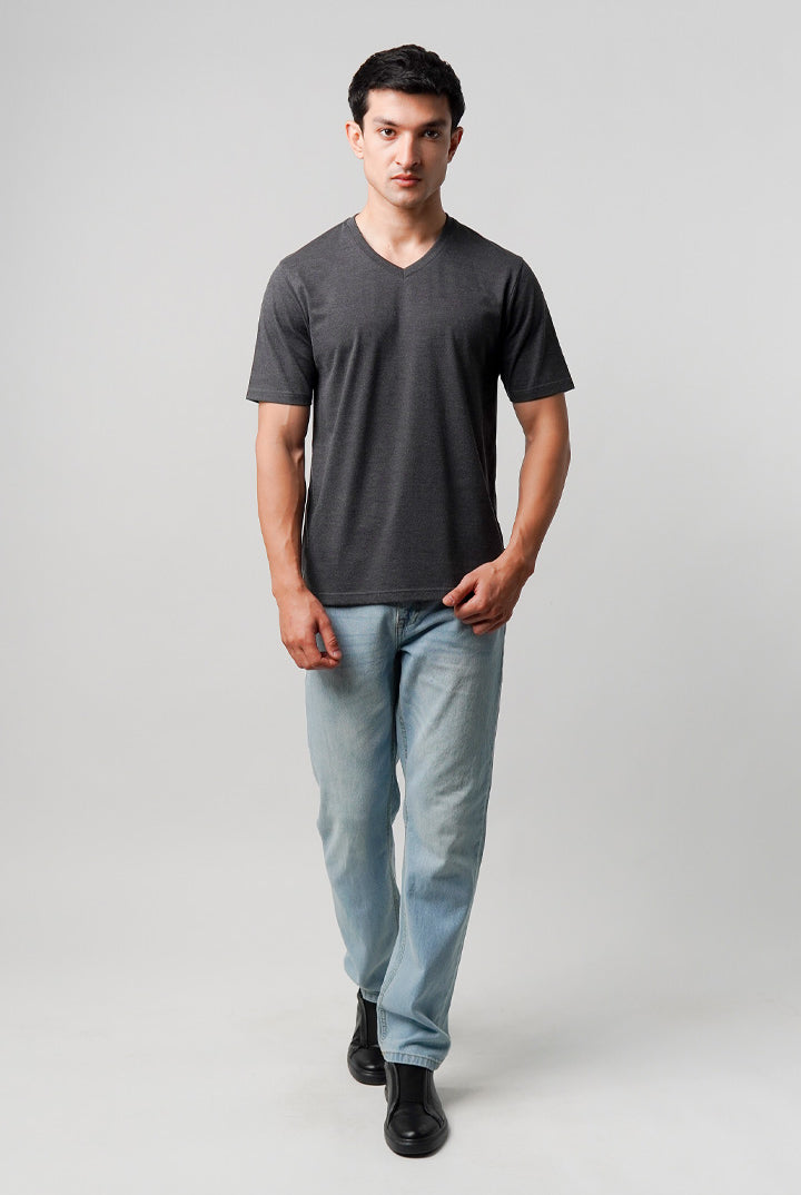 Regular Fit V-Neck T-Shirt - Charcoal Grey - Mendeez
