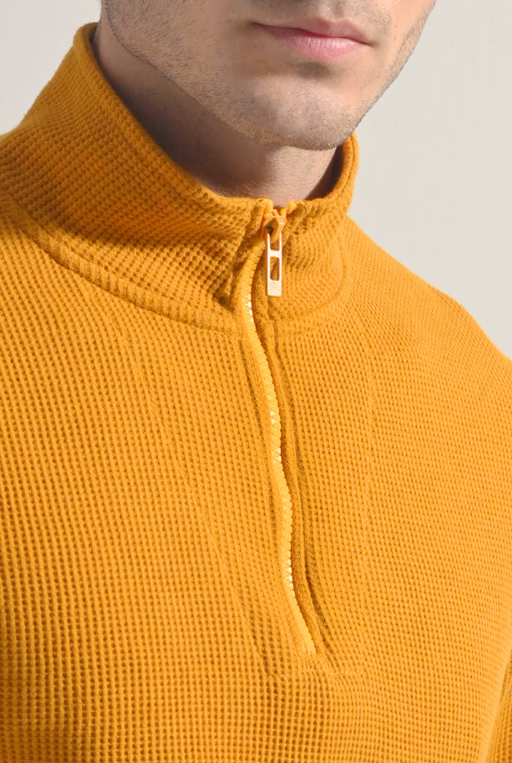 Textured Half Zipper Sweatshirt - Mustard - Mendeez