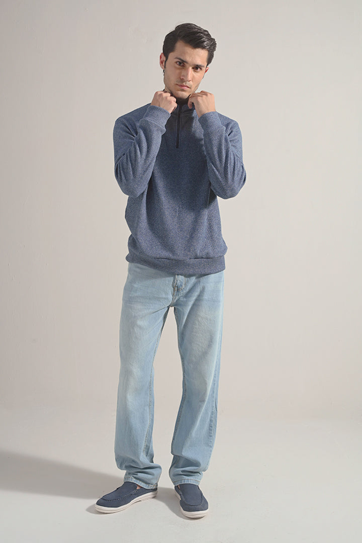 Textured Half Zipper Sweatshirt - Ocean Blue - Mendeez