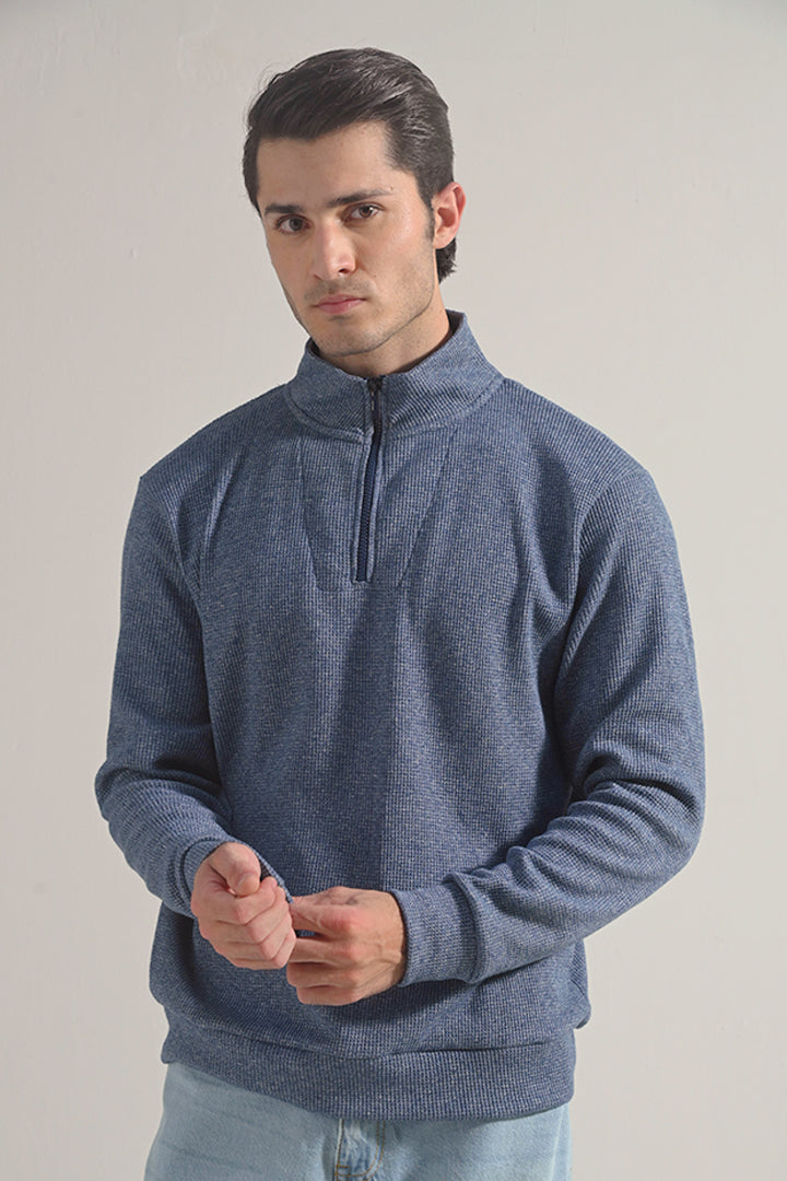 Textured Half Zipper Sweatshirt - Ocean Blue - Mendeez