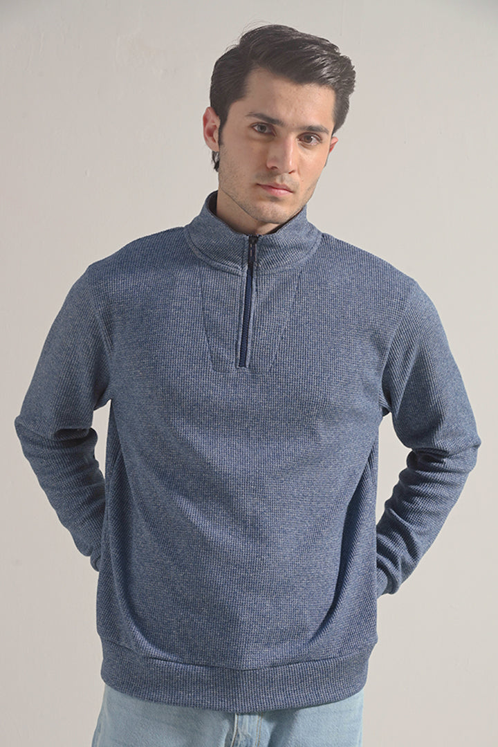 Textured Half Zipper Sweatshirt - Ocean Blue - Mendeez