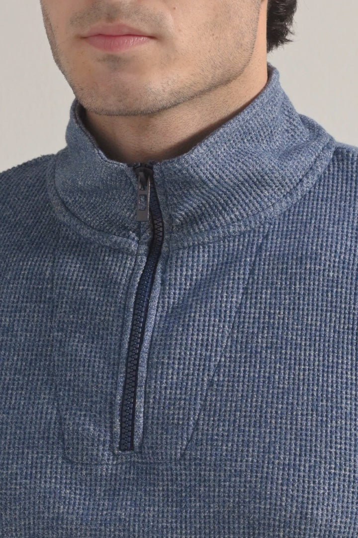 Textured Half Zipper Sweatshirt - Ocean Blue - Mendeez