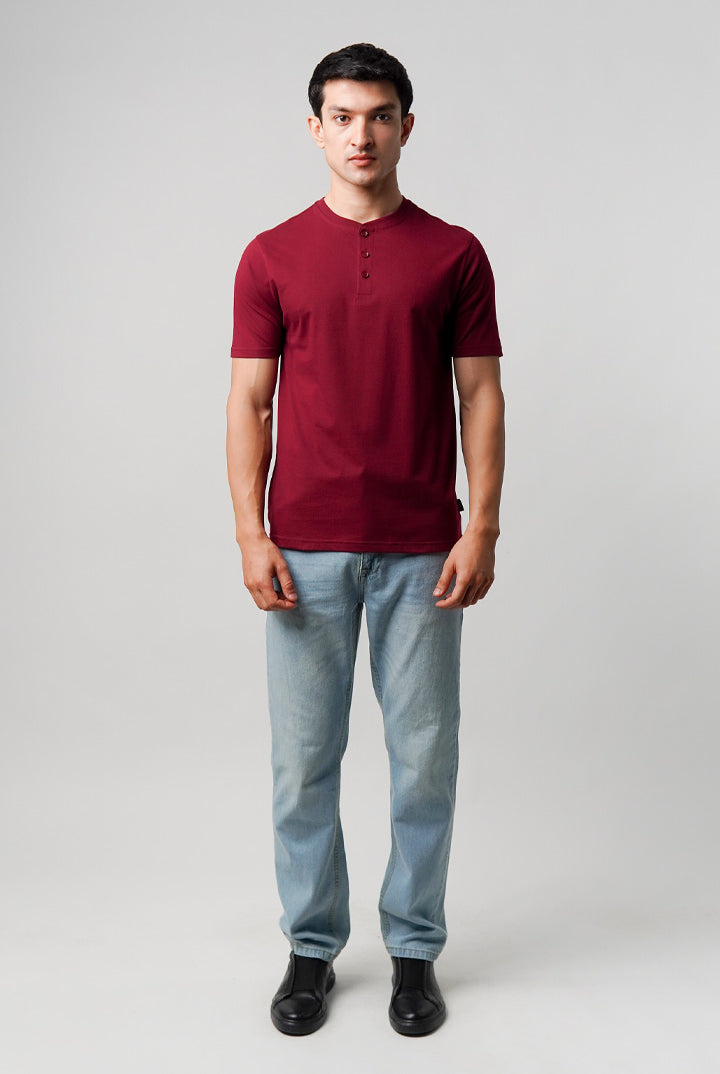 Regular Fit Henley T-Shirt - Maroon - Mendeez