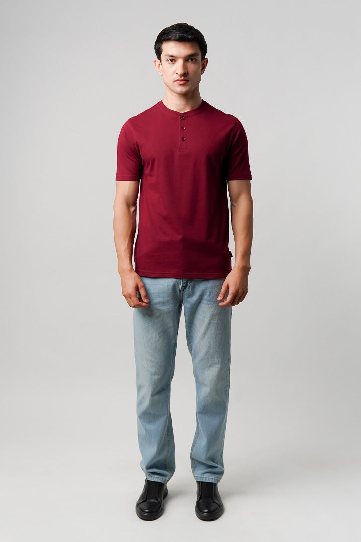 Regular Fit Henley T-Shirt - Maroon - Mendeez