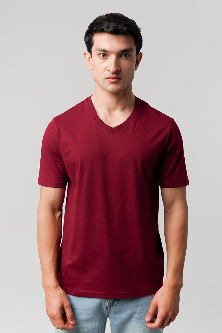 Regular Fit V-Neck T-Shirt - Maroon - Mendeez