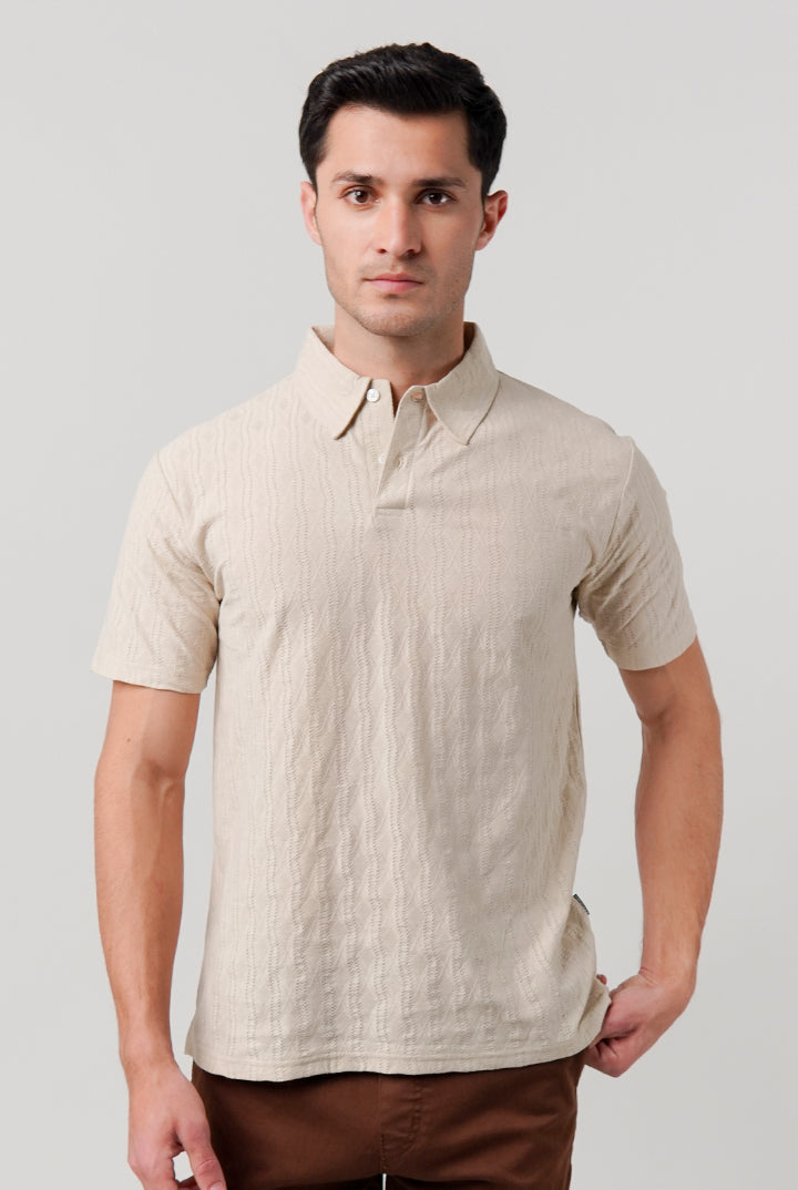 Jacquard Textured Polo Shirt - Beige - Mendeez