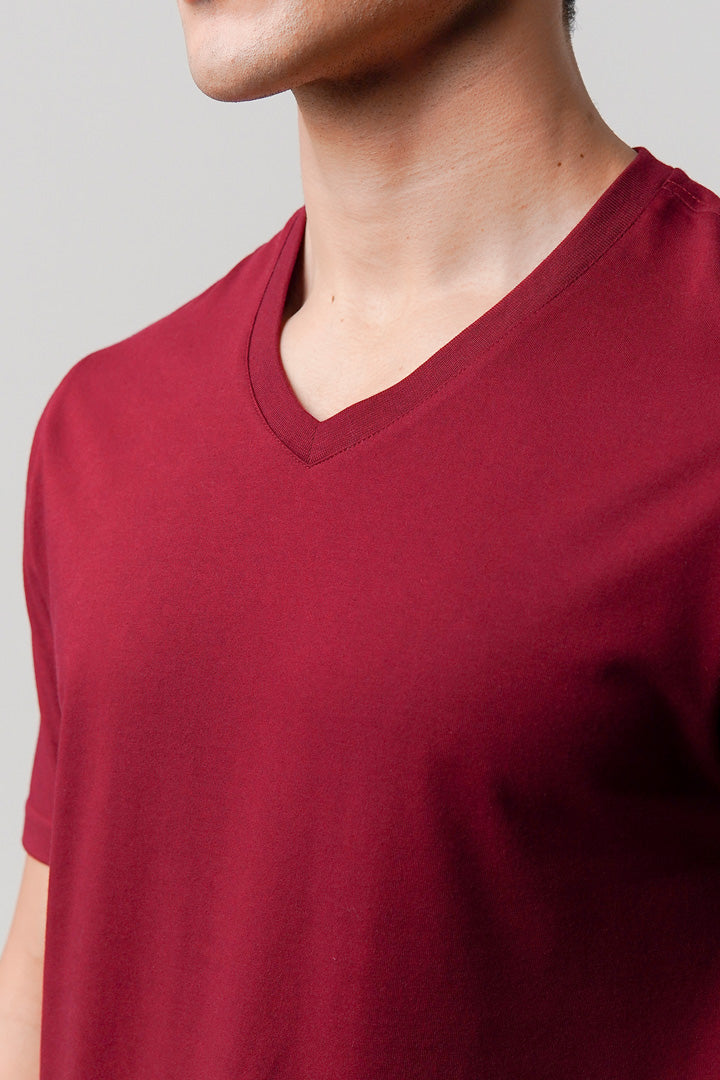 Regular Fit V-Neck T-Shirt - Maroon - Mendeez