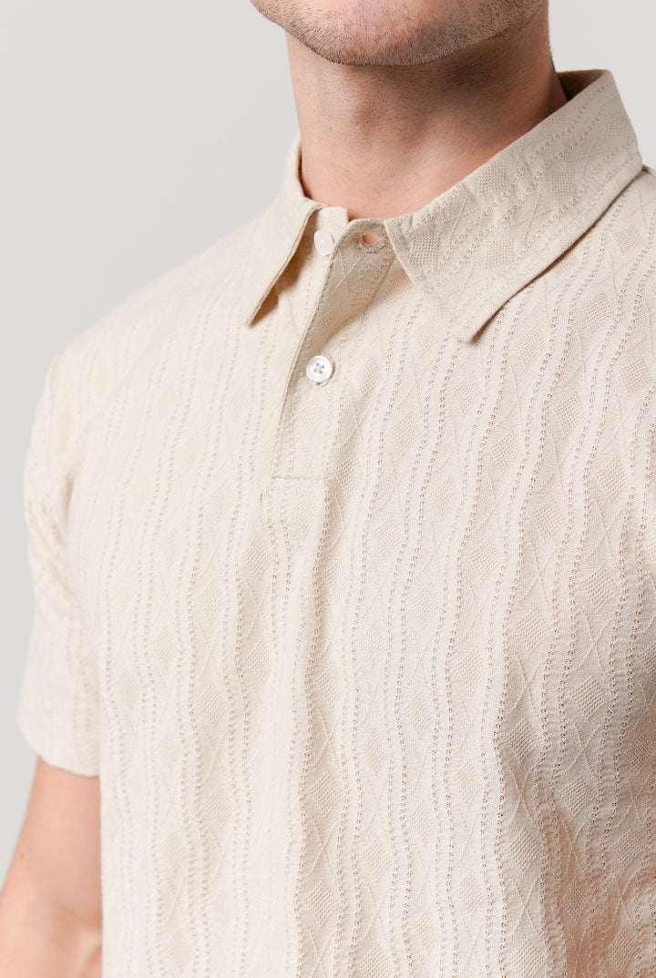 Jacquard Textured Polo Shirt - Beige - Mendeez