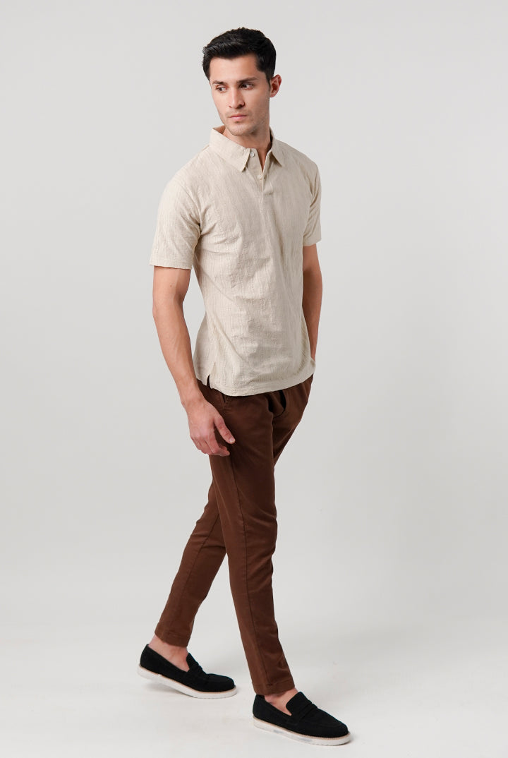 Jacquard Textured Polo Shirt - Beige - Mendeez