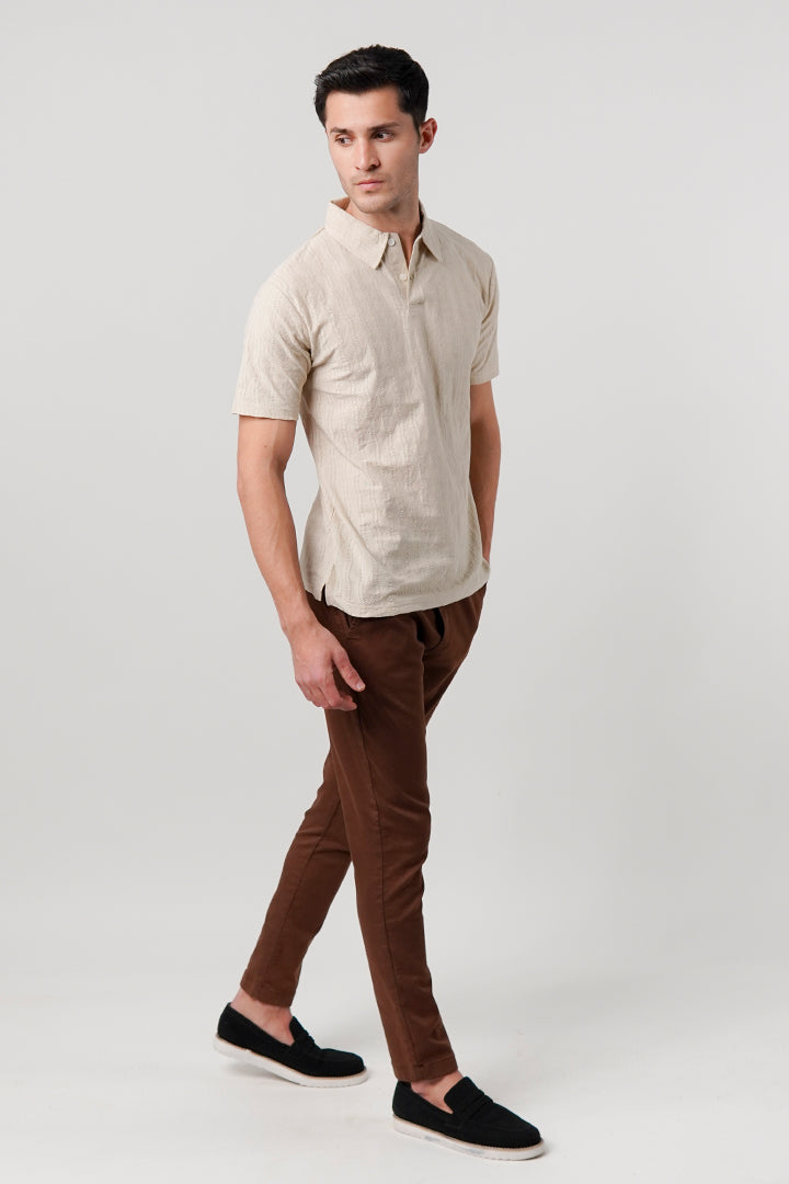 Jacquard Textured Polo Shirt - Beige - Mendeez