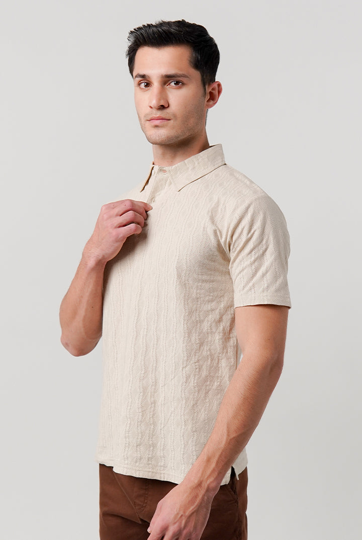 Jacquard Textured Polo Shirt - Beige - Mendeez