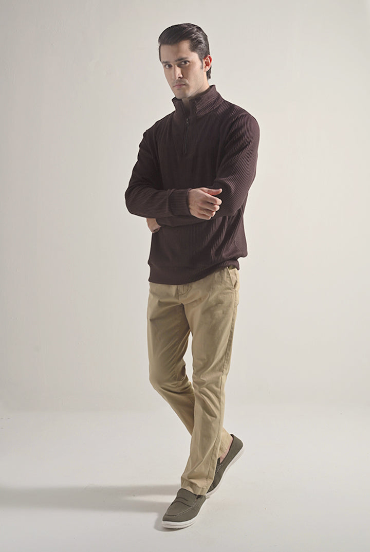 Textured Half Zipper Sweatshirt - Dark Brown - Mendeez