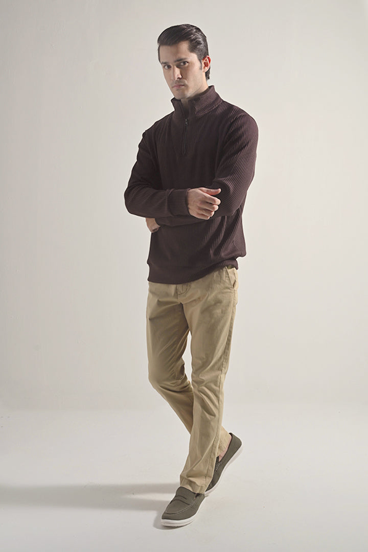 Textured Half Zipper Sweatshirt - Dark Brown - Mendeez
