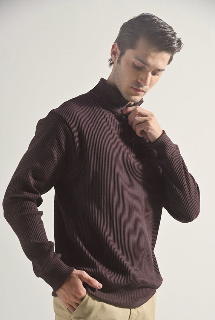 Textured Half Zipper Sweatshirt - Dark Brown - Mendeez