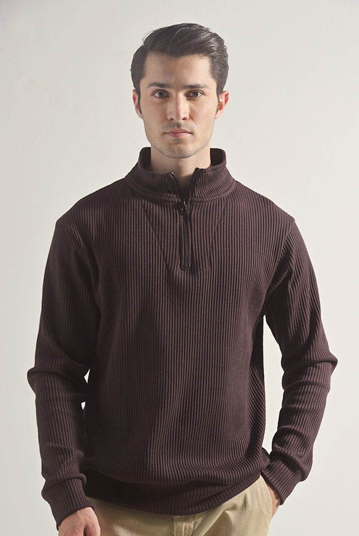 Textured Half Zipper Sweatshirt - Dark Brown - Mendeez