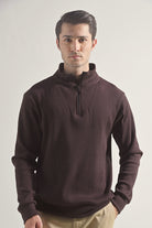 Textured Half Zipper Sweatshirt - Dark Brown - Mendeez