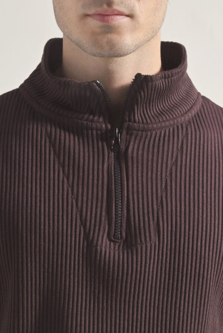 Textured Half Zipper Sweatshirt - Dark Brown - Mendeez