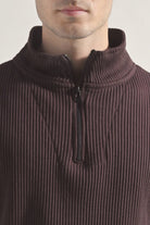 Textured Half Zipper Sweatshirt - Dark Brown - Mendeez
