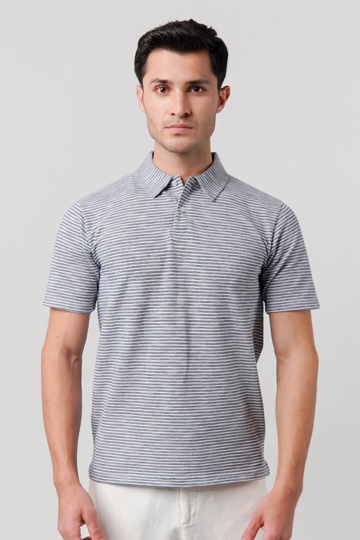 Striped Polo Shirt - Blue - Mendeez