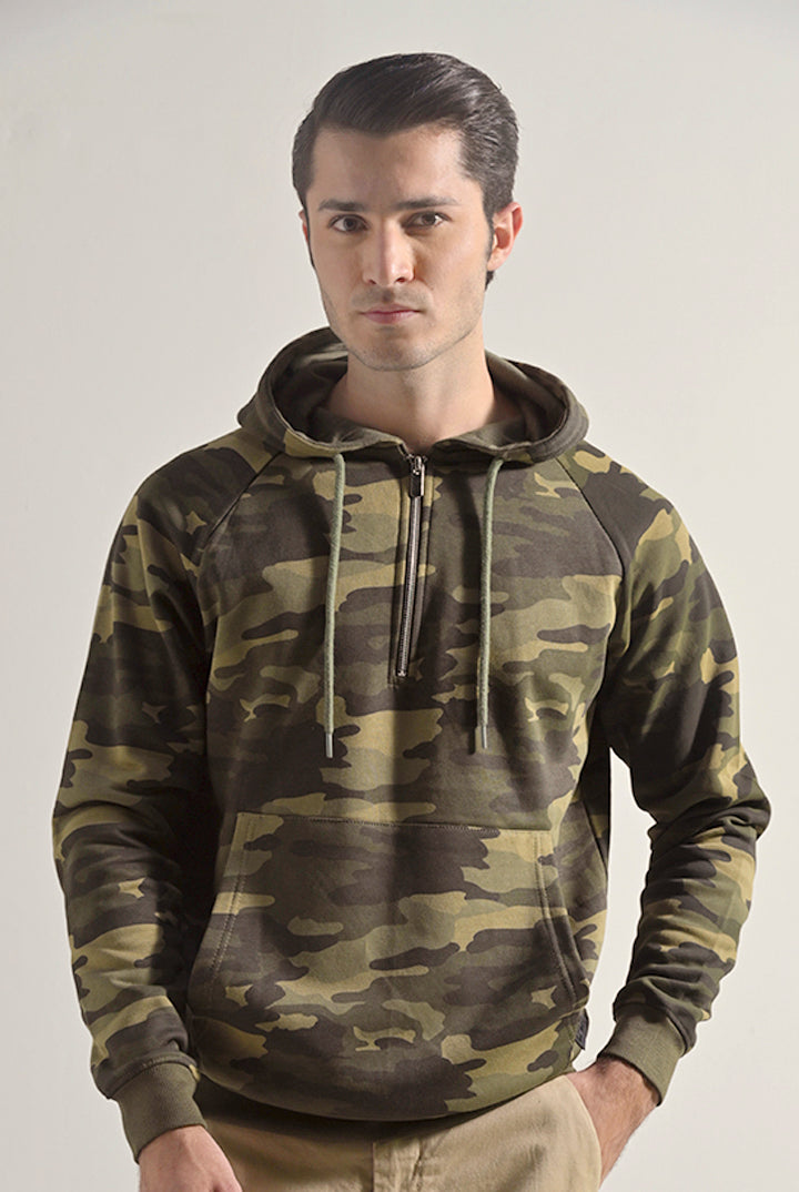 Camouflage Half Zipper Hoodie - Green - Mendeez