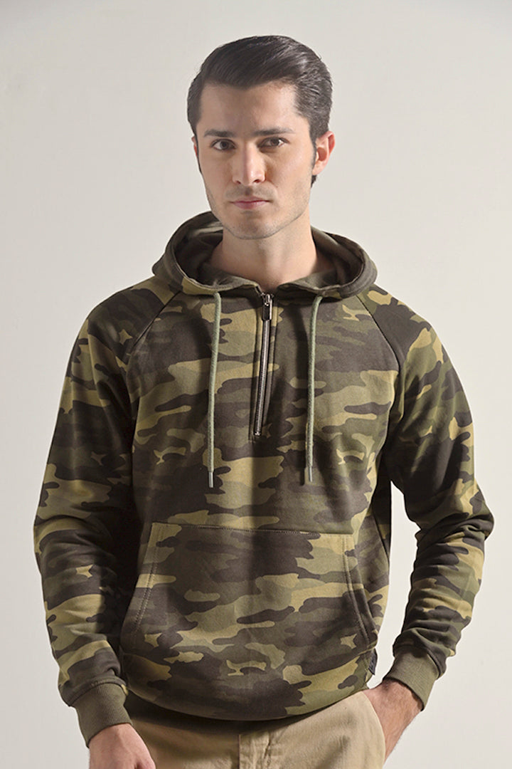 Camouflage Half Zipper Hoodie - Green - Mendeez