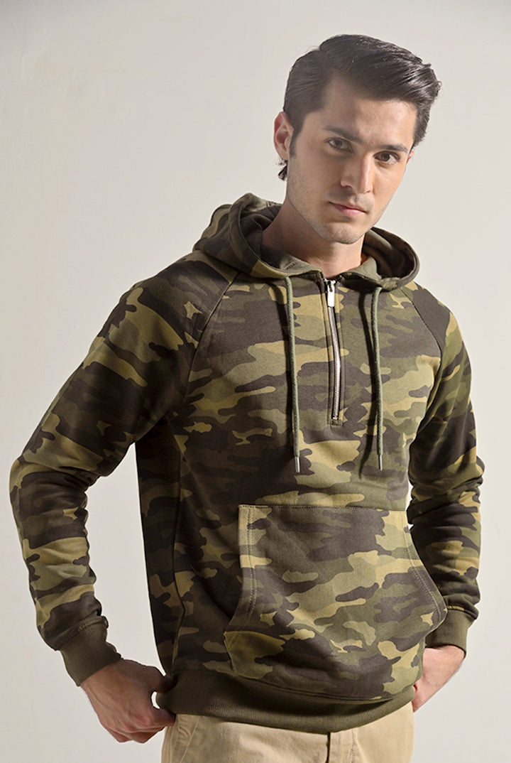 Camouflage Half Zipper Hoodie - Green - Mendeez