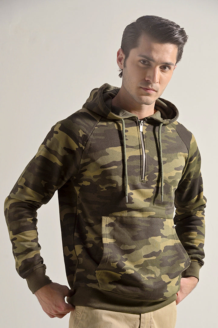 Camouflage Half Zipper Hoodie - Green - Mendeez